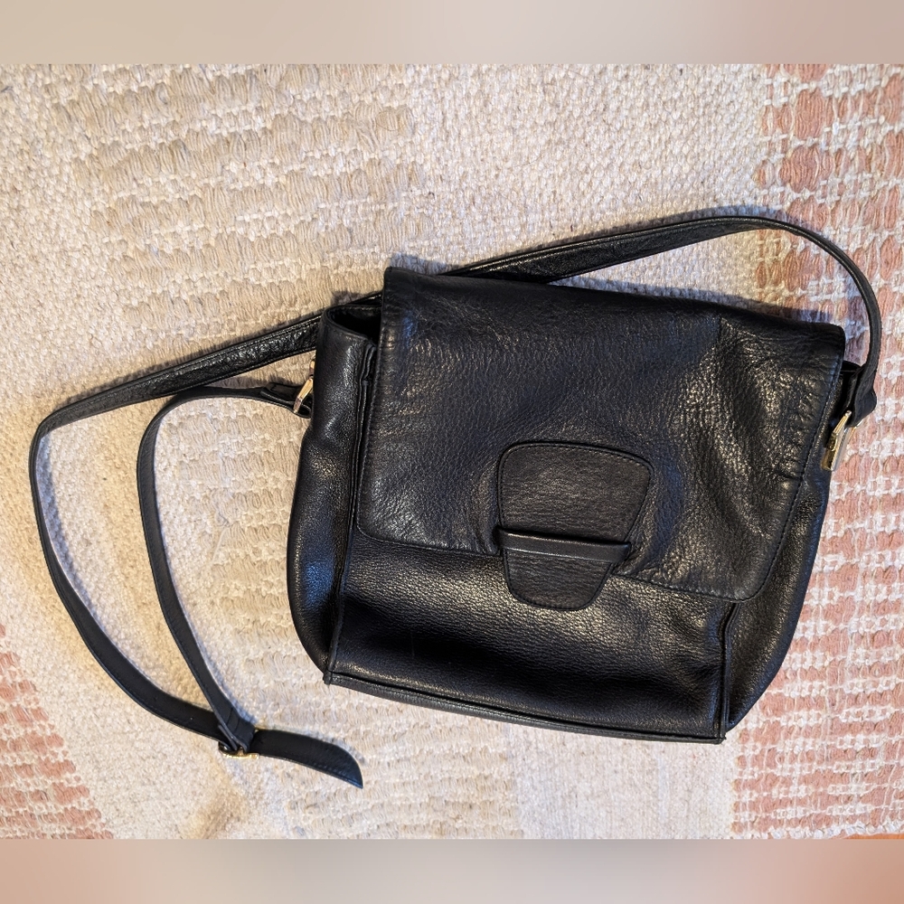 Partners Genuine Leather Square Crossbody Purse - Black, Adjustable Strap, Flap